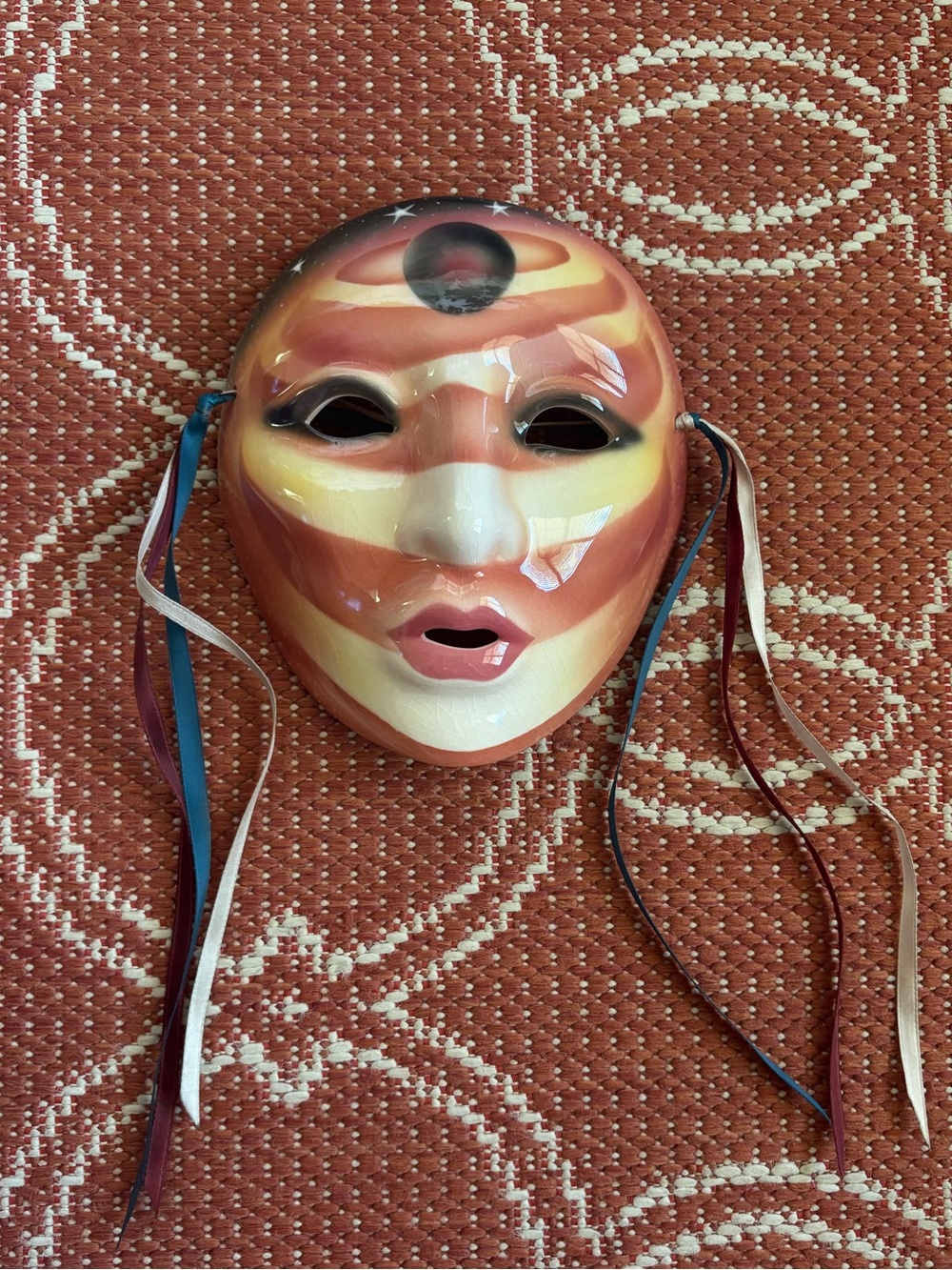 Hand-Painted Ceramic Face Mask with Ribbons — Sunset Stripes
